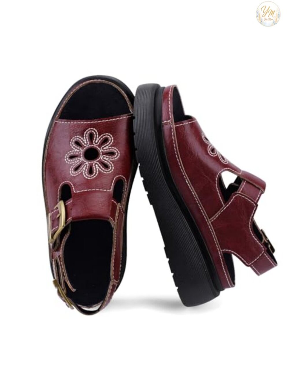 Women's Chunky Platform Sandals Ankle Buckle Open Toe Calf Leather